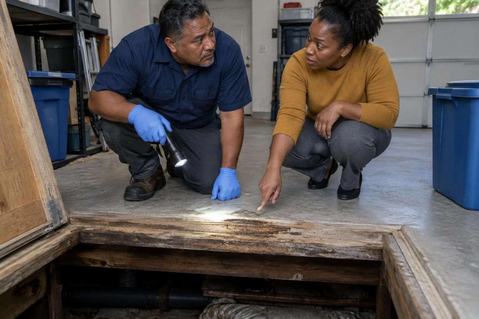 Homeowner points out an old water stain beside a cleared crawl-space hatch as a mold inspector shines a flashlight.