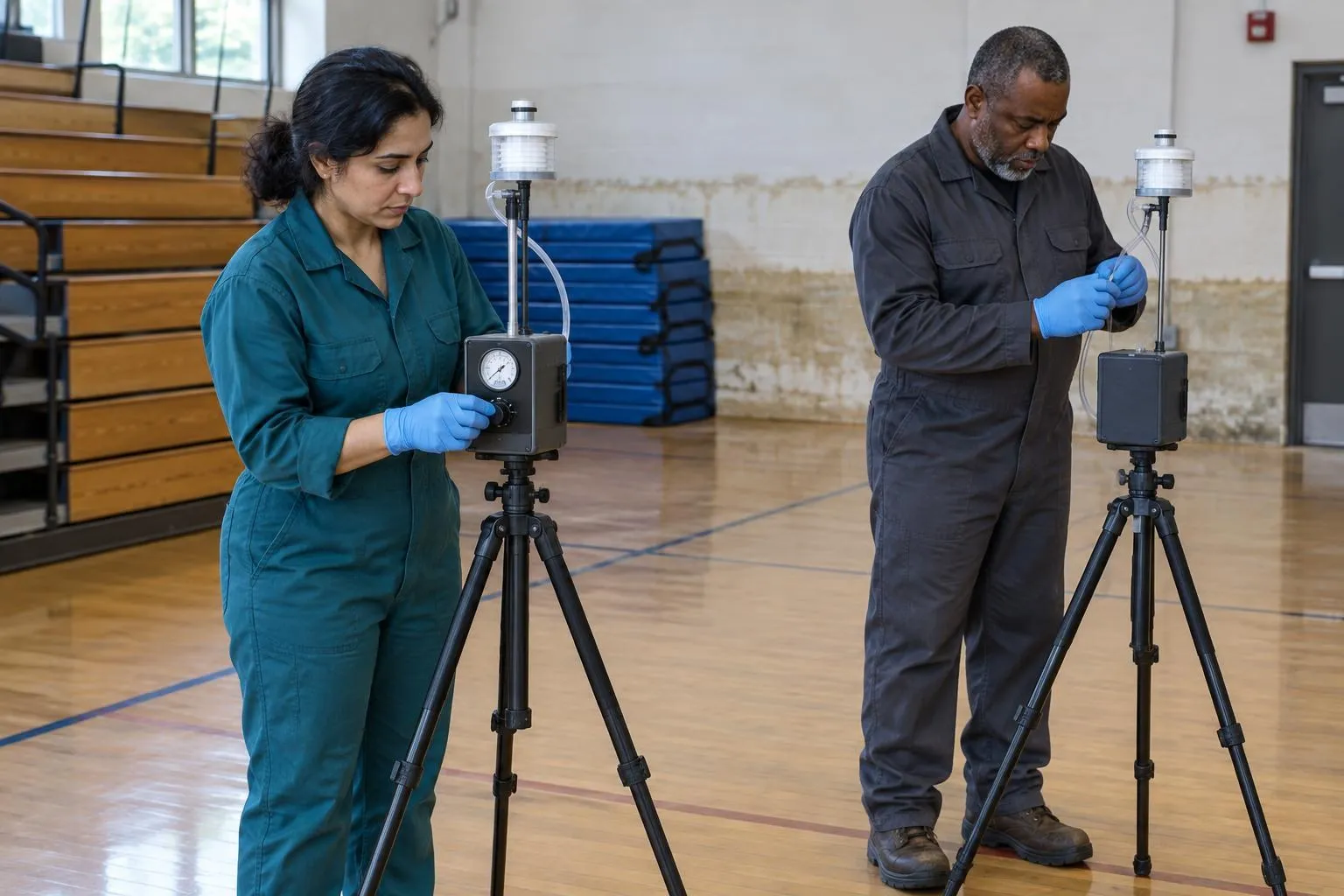 Two mold inspectors operate air-sampling stations beside retracted bleachers in a flood-affected school gym.