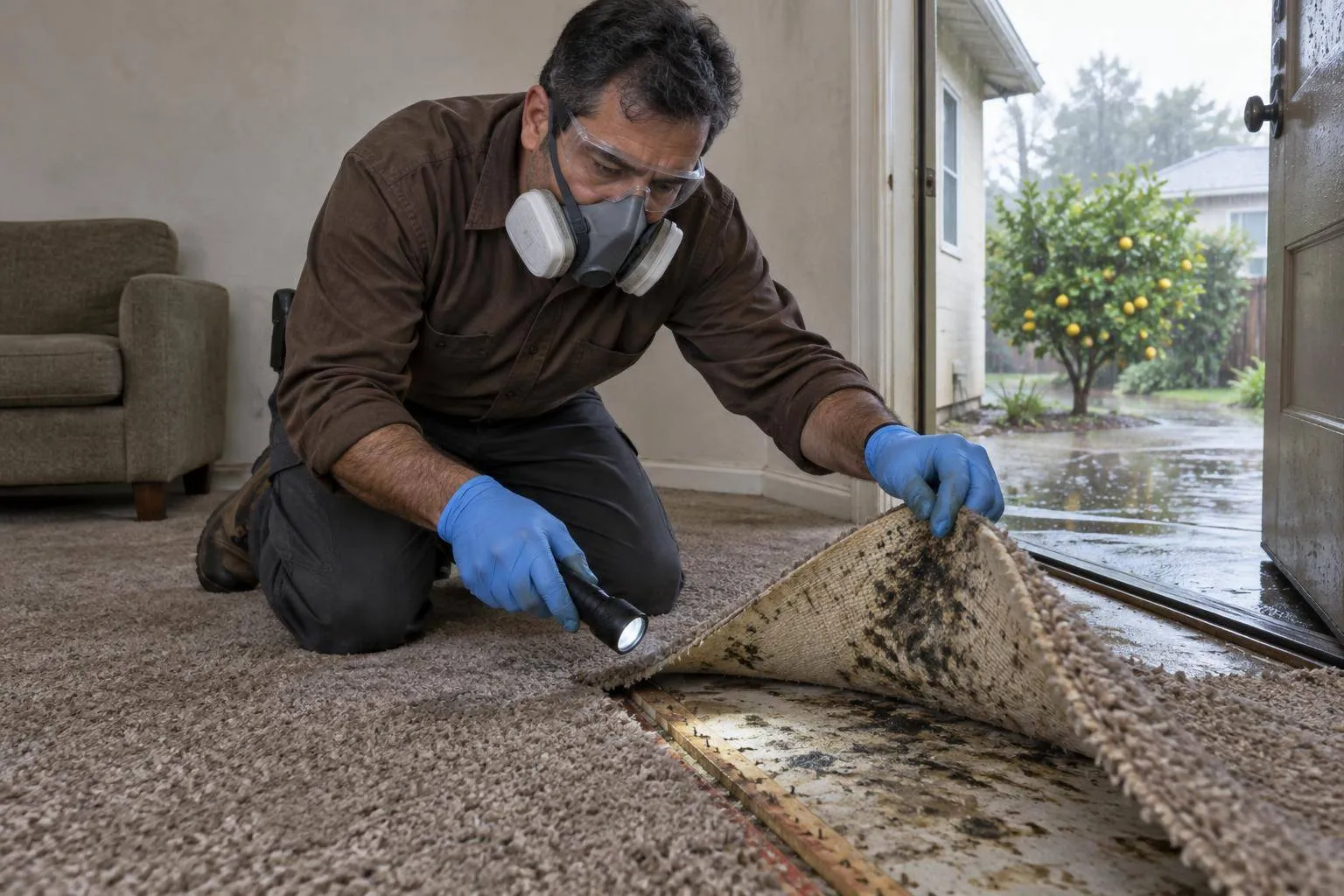 A mold inspector lifts a carpet corner and shines a flashlight on concealed staining beside a rain-wetted threshold.