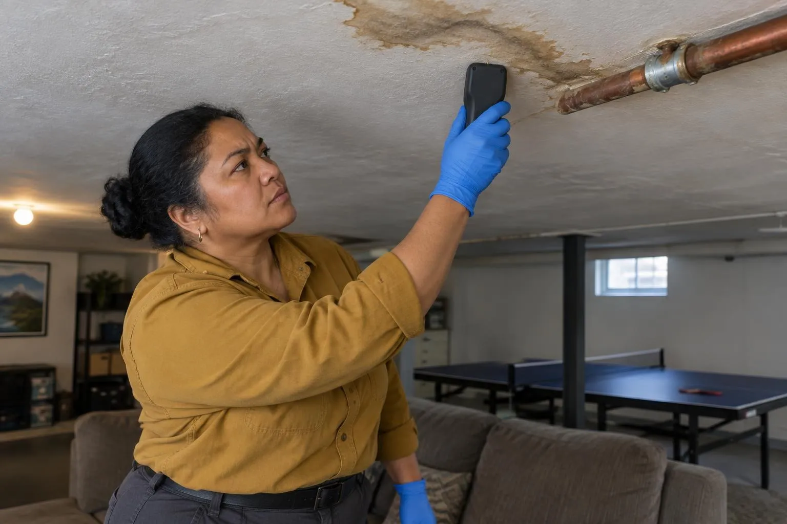 Mold inspector presses a moisture meter against a stained basement ceiling beneath a repaired copper pipe.